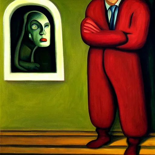 Image similar to fearful visage, portrait, peasant, cathedral, dystopian, pj crook, edward hopper, oil on canvas