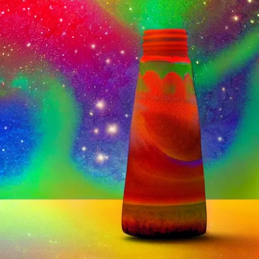 Prompt: Liminal space in outer space!!!, sand art bottle, colorful background