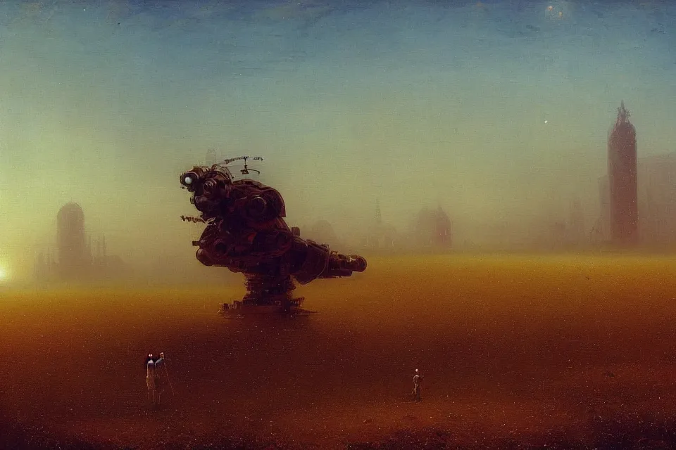 Prompt: sci-fi painting of a large alien city on the wheat fields, the closed back view of one humanoid robot on the ground, by Ivan Aivazovsky , godrays, detailed