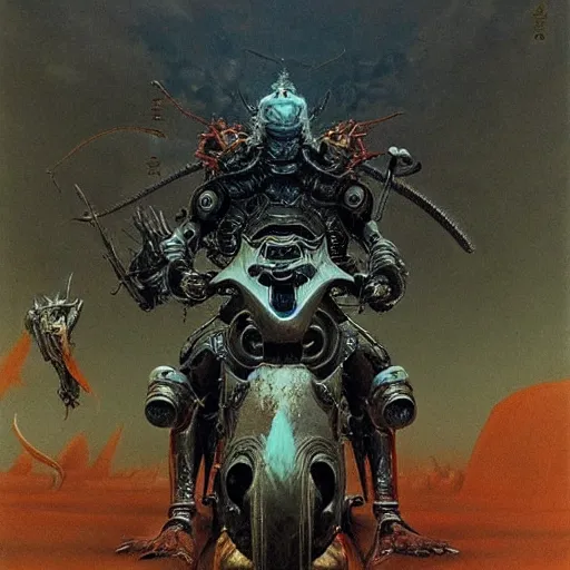 Prompt: epic wizard riding futuristic motorcycle through the gates of hell, wearing samurai armor, highly detailed beksinski painting