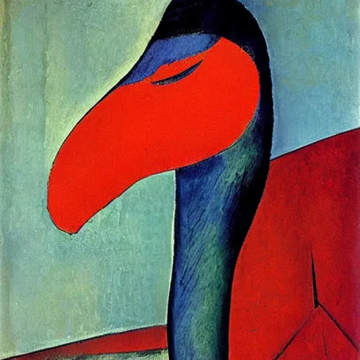Prompt: by amedeo modigliani funereal, distorted. a beautiful print of a large, colorful bird with a long, sweeping tail. the bird is surrounded by swirling lines & geometric shapes in a variety of colors