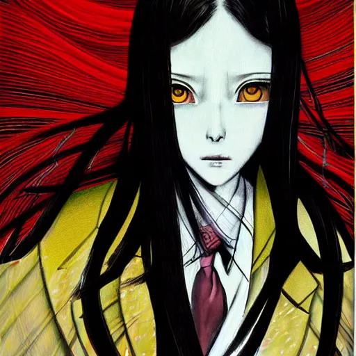 Image similar to yoshitaka amano realistic illustration of a manga girl with black eyes and long wavy white hair wearing dress suit with tie and surrounded by abstract junji ito style patterns in the background, blurry and dreamy illustration, noisy film grain effect, highly detailed, oil painting with expressive brush strokes, weird portrait angle