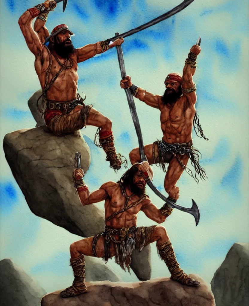 Image similar to randy savage with an anchor weapon slung over his shoulder and foot heroically on a boulder posing in desolate wasteland | fantasy watercolour painting | middle earth | conan | darksun | d & d dungeons and dragons | barbarian