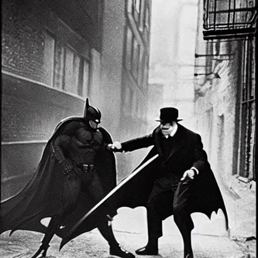Prompt: old black and white photo, 1 9 2 5, depicting batman fighting a al capone in an alley of new york city, rule of thirds, historical record