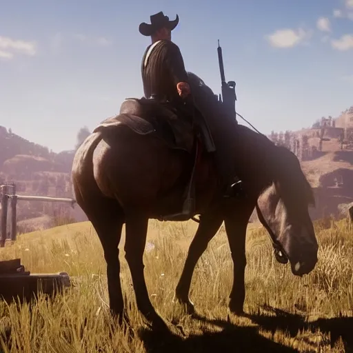 zesty-seal663: Arthur Morgan from Red Dead Redemption 2 riding his horse  across the country