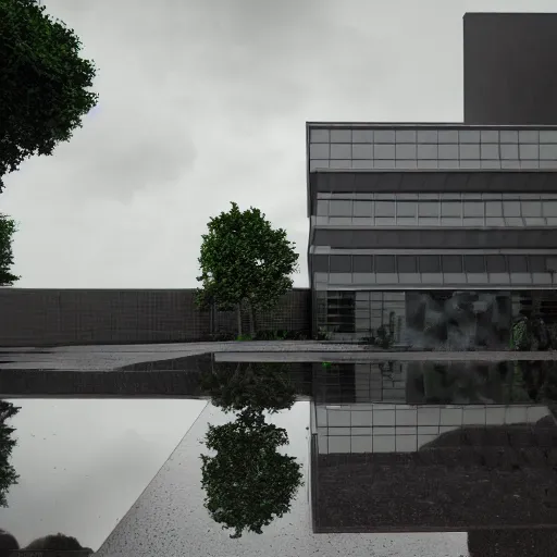 Prompt: a photorealistic 3 d render of modern architecture, two point perspective, global illumination hdri, overcast, rain puddles with realistic reflections