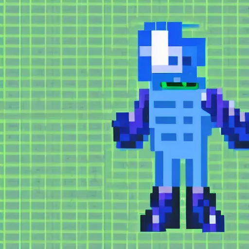 Image similar to blue robot ghost wearing a letterman jacket and genie pants, v mouth, cow lick hair practicing magic in a green slime filled city pixel art wide angle view realistic high detail