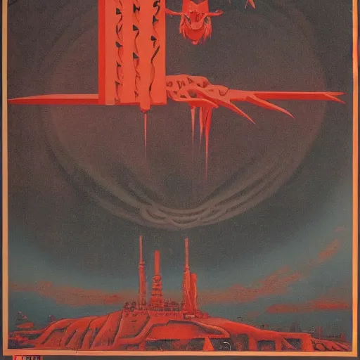 Image similar to soviet propaganda poster of a shrine to moloch in the style of beksinski