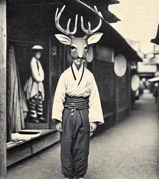 Image similar to 1 8 th century japanese street market in kyoto 1 9 0 0 s early photography portrait anthro anthropomorphic deer head animal person fursona wearing clothes street trader