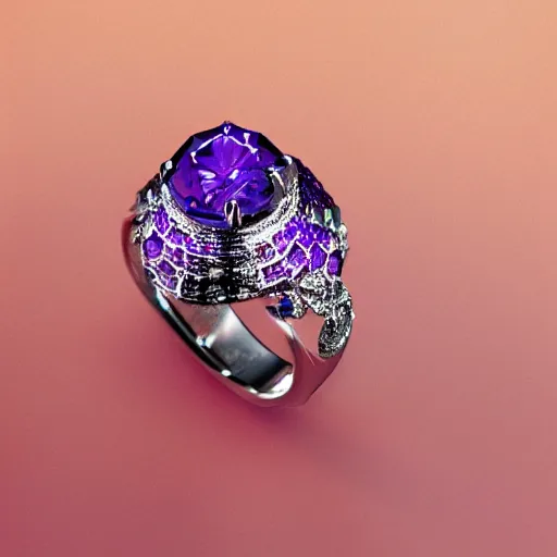 Image similar to a beautiful engagement ring on the hand of a woman, made out of shiny silver, the ring is engulfed in purple fire, high quality, photo realistic, detailed, 8k