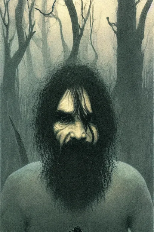 Prompt: magic the gathering card depicting charles manson, by zdzislaw beksinski, swamp, black