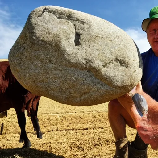 Prompt: a farmer milks a large rock that has udders.