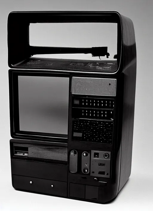 Prompt: realistic photo of a scientific model of an ugly rough complex desktop computer made of wood, display is black obsidian, front view, 1 9 9 0, life magazine reportage photo, metropolitan museum photo