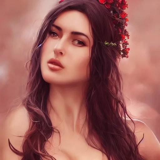 Image similar to realistic detailed semirealism Monica Bellucci as Persephone, 4K high resolution quality artstyle professional artists WLOP, Aztodio, Taejune Kim, Guweiz, Pixiv, Instagram, Artstation