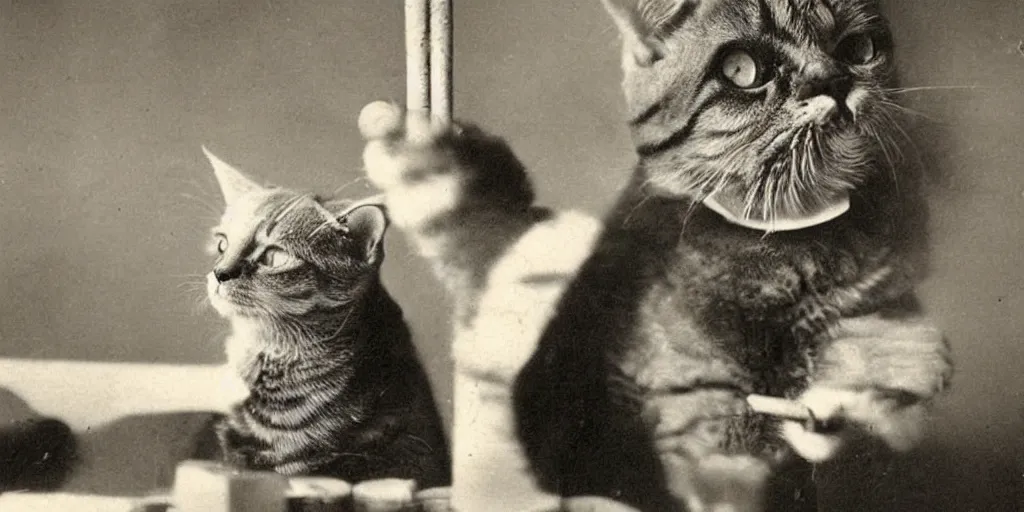 Image similar to vintage photo from 1900 of a cat smoking a cigar, portrait award winning, funny