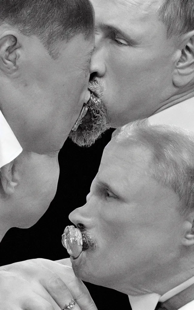 Image similar to vladimir putin kissing selensky with tongue, hyperrealistic