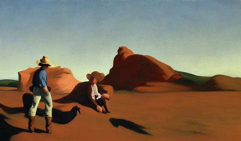 Prompt: Bodacious cowboys such as your friends will never be welcome here high in the clusterdome, by Edward Hopper