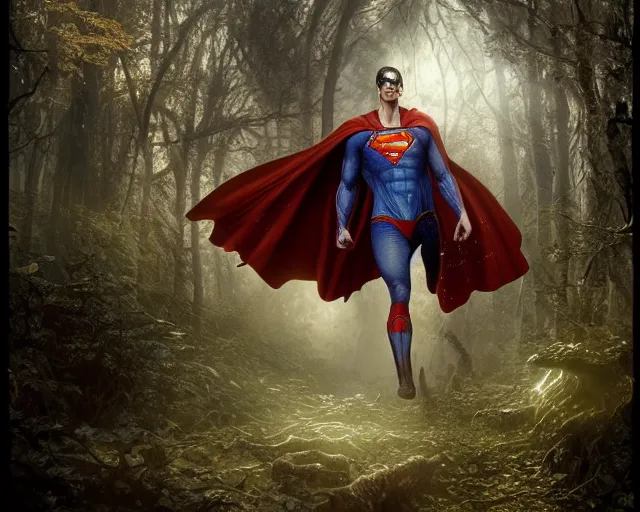 Image similar to 5 5 mm portrait photo of a undead superman in a magical forest. magical atmosphere. art by greg rutkowski and luis royo. highly detailed 8 k. intricate. lifelike. soft light. nikon d 8 5 0.