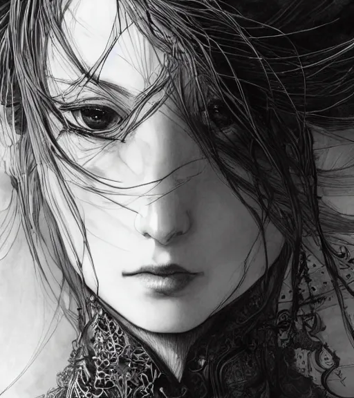 Image similar to portrait of anime woman witch, pen and ink, intricate line drawings, by yoshitaka amano, ruan jia, kentaro miura, artgerm, wlop, krenzcushart