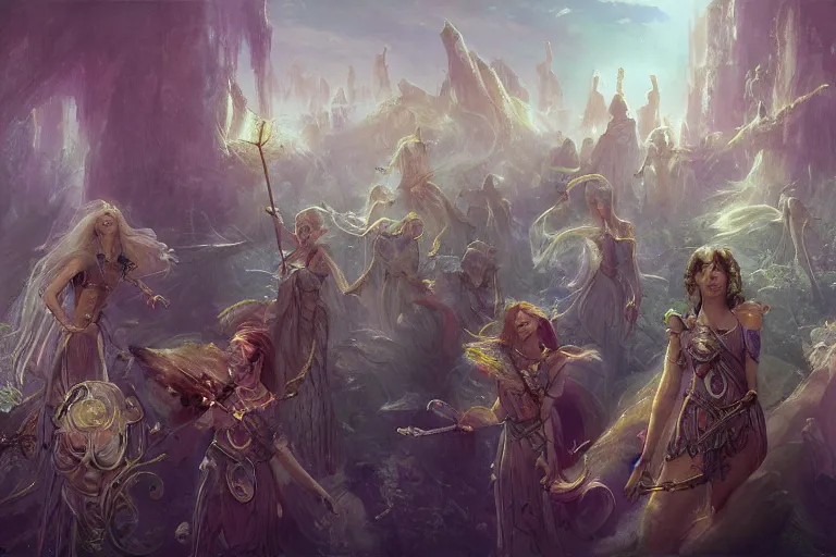 Image similar to the muses. sacred singers they who took up the strings of the deep, and turned the cacophony of an angry world into songs of unity and peace. morning lighting, cinematic fantasy painting, dungeons and dragons, jessica rossier and brian froud