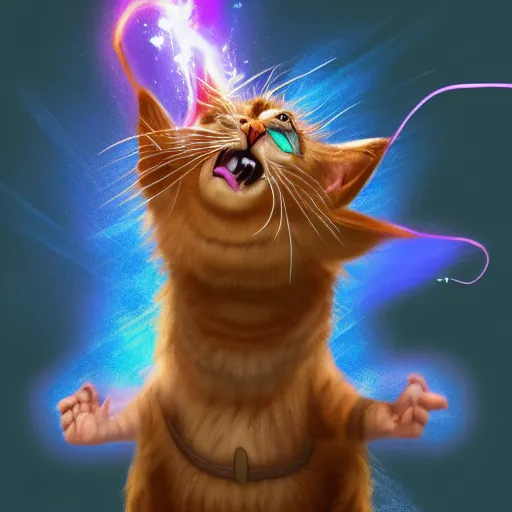Prompt: wizard is laughing as a small cat, dynamic pose, chromatic aberration , medium level shot, comedy, fantasy, illustration, concept art,