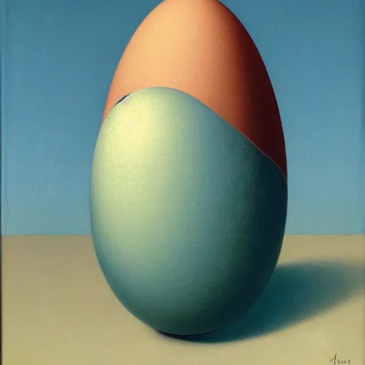 Prompt: a patterned egg againt a plain background by rene magritte