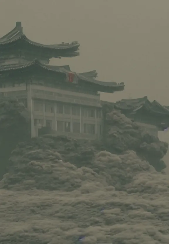 Image similar to a filmstill of a north korean monster movie, kaiju - eiga monster starfish - like trampling a traditional korean palace, foggy, film noir, video compression