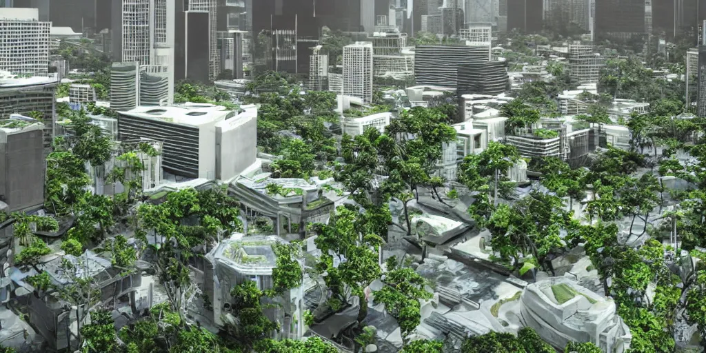 Prompt: Portland as Neo-Hawaii in the year 2055, futuristic, lush vegetation, white concrete, beautiful, detailed