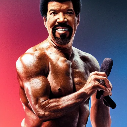 Prompt: Lionel richie with the physique of a body builder, hyper realistic, ultra detailed, cinematic, dynamic lighting, photorealistic, refined, intricate, digital art, digital painting, masterpiece, 8k