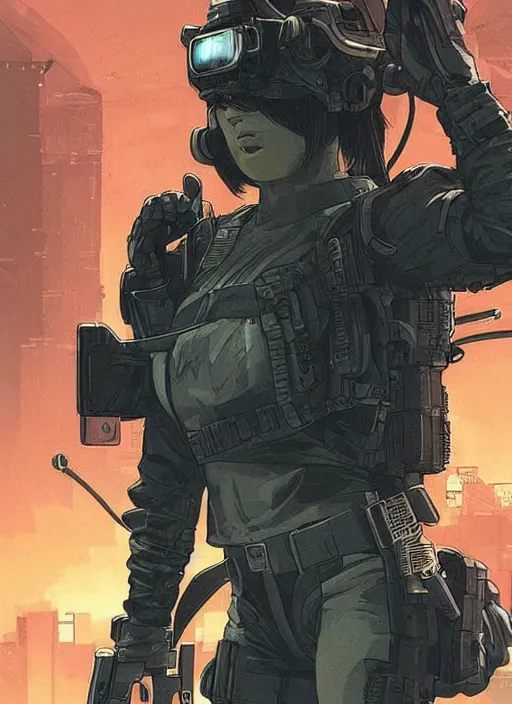 Image similar to Dangerous Mio. buff Japanese cyberpunk mercenary wearing a cyberpunk tactical headset and military vest. Attractive face. Realistic Proportions. Concept art by James Gurney and Laurie Greasley. Moody Industrial skyline. ArtstationHQ. Creative character design for cyberpunk 2077.