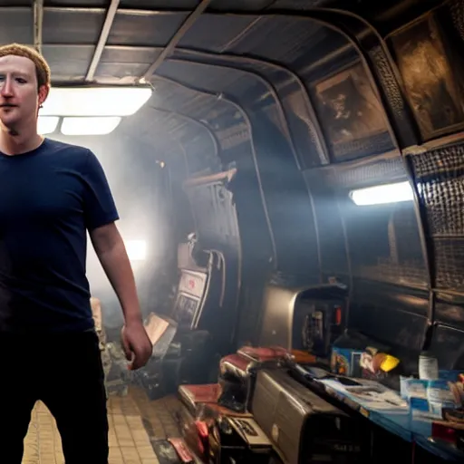 Prompt: Mark Zuckerberg in Ready Player One, movie still, promo material, EOS-1D, f/1.4, ISO 200, 1/160s, 8K, RAW, unedited, symmetrical balance, in-frame