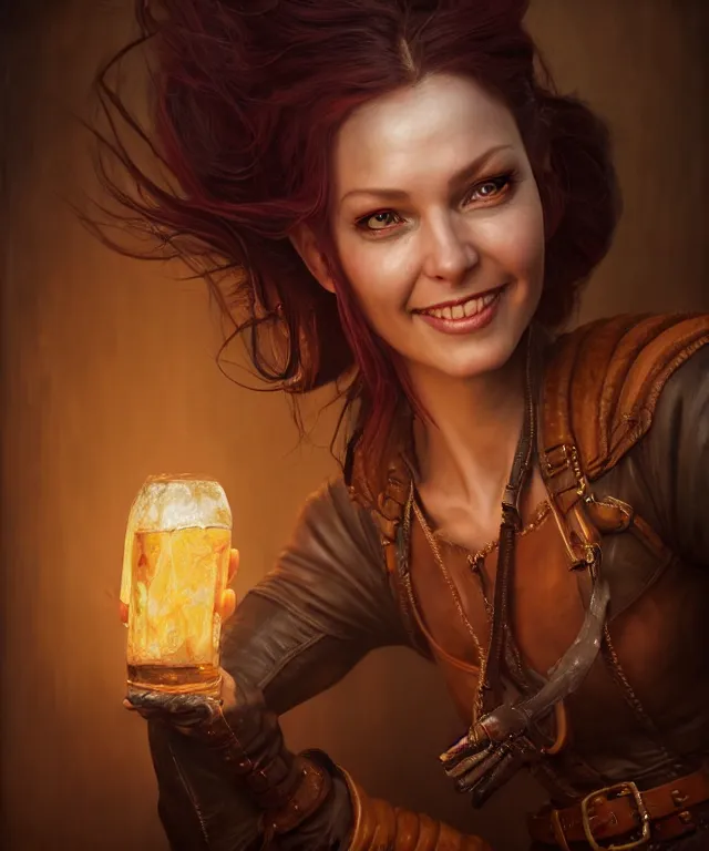 Image similar to hyperrealistic mixed media painting of a beautiful smiling charismatic female rogue, dimly lit cozy tavern, leather tunic, confident relaxed pose, d&d, stunning 3d render inspired art by Gerlad Brom and Anna Dittmann + perfect facial symmetry + dim volumetric lighting, 8k octane beautifully detailed render, post-processing, extremely hyperdetailed, intricate, epic composition, grim yet sparkling atmosphere, cinematic lighting + masterpiece, trending on artstation, very very detailed, masterpiece, stunning