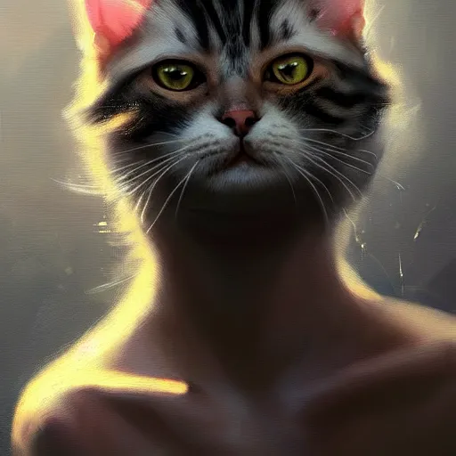 Prompt: humanoid cat feline hybrid, concept art oil painting, portrait ethereal by jama jurabaev, greg rutkowski extremely detailed, brush hard, artstation, soft light