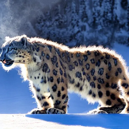 Prompt: snow leopard doing tricks with vape clouds, iPhone photo