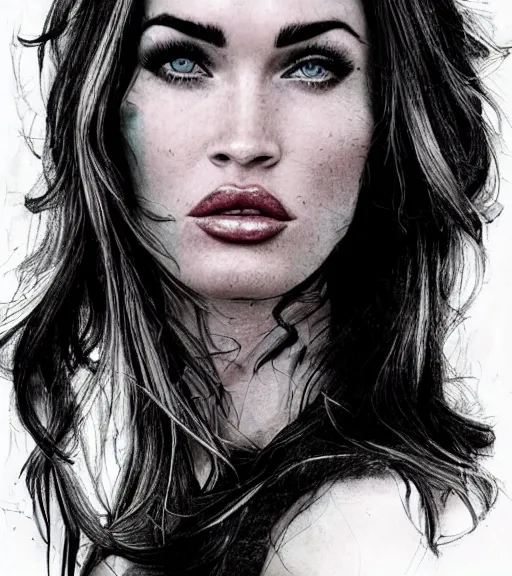 Image similar to megan fox face double exposure with beautiful mountains, tattoo sketch, hyper - realistic, in the style of matteo pasqualin, amazing detail, sharp, black and white