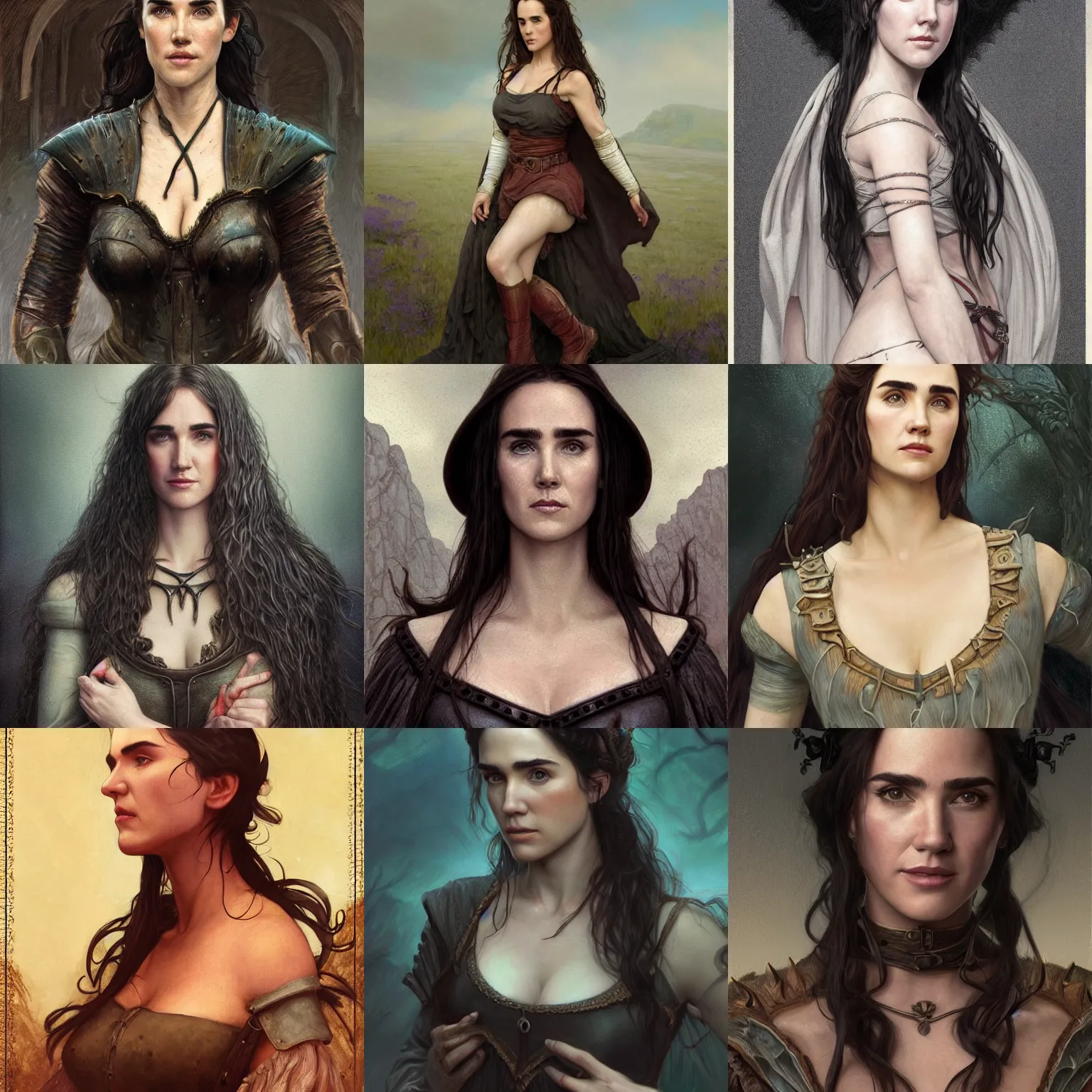 Prompt: Portrait of a young Jennifer Connelly, D&D, dark, 14th century, fantasy, portrait, peasant top and skimpy leather armor ,highly detailed, digital painting, daggers, trending on artstation, concept art, sharp focus, illustration, art by artgerm and greg rutkowski and magali villeneuve and Alphonse Mucha and Siraj