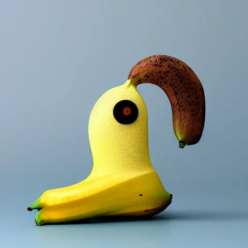 Image similar to banana duck 8k high resolution, super detailed peeled banana with duck beak and small dot eyes.