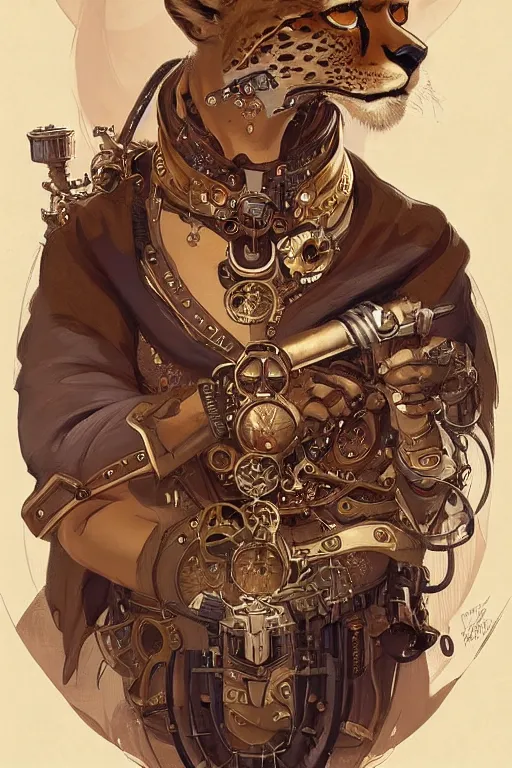 Image similar to anthropomorphic cheetah as steampunk half - cyborg, western, high fantasy, dnd, smooth, sharp focus, illustration, highly detailed, digital painting, artstation, concept art, by disney animation, rossdraws, alphonse mucha, frank fanzzeta, collectible card art