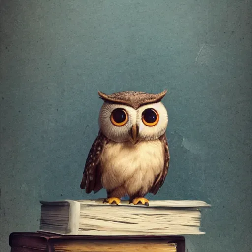 Image similar to long shot of a very cute plushy owl sitting on a pile of antique books, big eyes, eyelids half closed, by esao andrews, humorous illustration, hyperrealistic, big depth of field, fresh colors, dim light, 3 d octane render conceptart, 4 k, hyperdetailed, trending on artstation