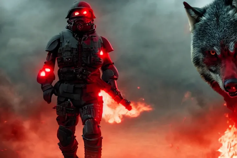 Image similar to reds eyes, all black armor, helghast soldier, kerberos panzer cop hybrid, in a still of illang the wolf brigade ( 2 0 1 8 ) film, vfx, post processed