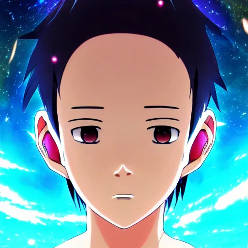 prompthunt: an anime face portrait of a music producer, in the background  you can see the universe. official art, key visual, studio lightning, very  detailed bd cover, Kimi no Na Wa, hyperrealistic