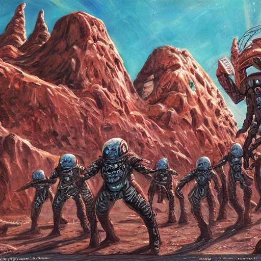 Prompt: extraterrestrial cultists on mars, massive alien temple in background, mike mignogna, highly detailed, oil painting, comic book cover, dark, rich colors, vintage sci fi, 1 9 8 0 s, 1 9 7 0 s, retrofuture, trending on artstation