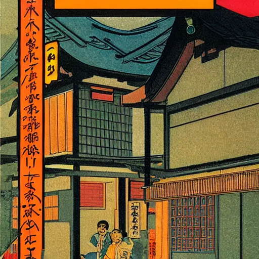 Image similar to 1979 magazine cover depicting a traditional Japanese village. Art in the style of Moebius, cyberpunk, masterpiece