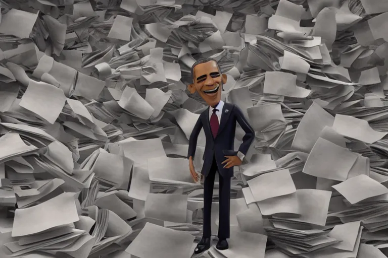 Image similar to obama nervously standing by a mountain of papers, still from a pixar movie, high quality 3 d render, movie, pixar, renderman, 4 k, artstation