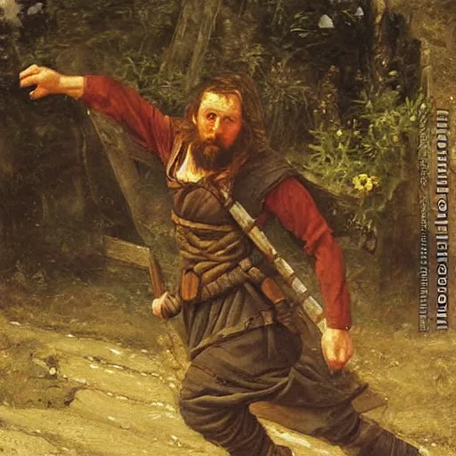 Image similar to a stumbling and falling medieval man as a oilpainting by Sophie anderson