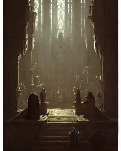 Image similar to middle ages throne room, full of people, dim light | | realistic shaded, fine details, realistic shaded lighting poster by greg rutkowski, diego gisbert llorens, magali villeneuve, artgerm, jeremy lipkin and rob rey