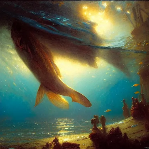 Image similar to point of view of deep in the ocean looking up, you see fishes, higher the milk way, night time, midnight. highly detailed painting by gaston bussiere, greg rutkowski 8 k