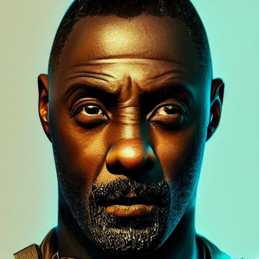 Image similar to idris elba portrait, dystopia core, apocalyptic, armor, warrior, dramatic, sharp focus, fiction, neon, fantasy, hyper detailed, digital art, trending in artstation, cinematic lighting, studio quality, smooth render, unreal engine 5 rendered, octane rendered, art style and nixeu and wlop and krenz cushart