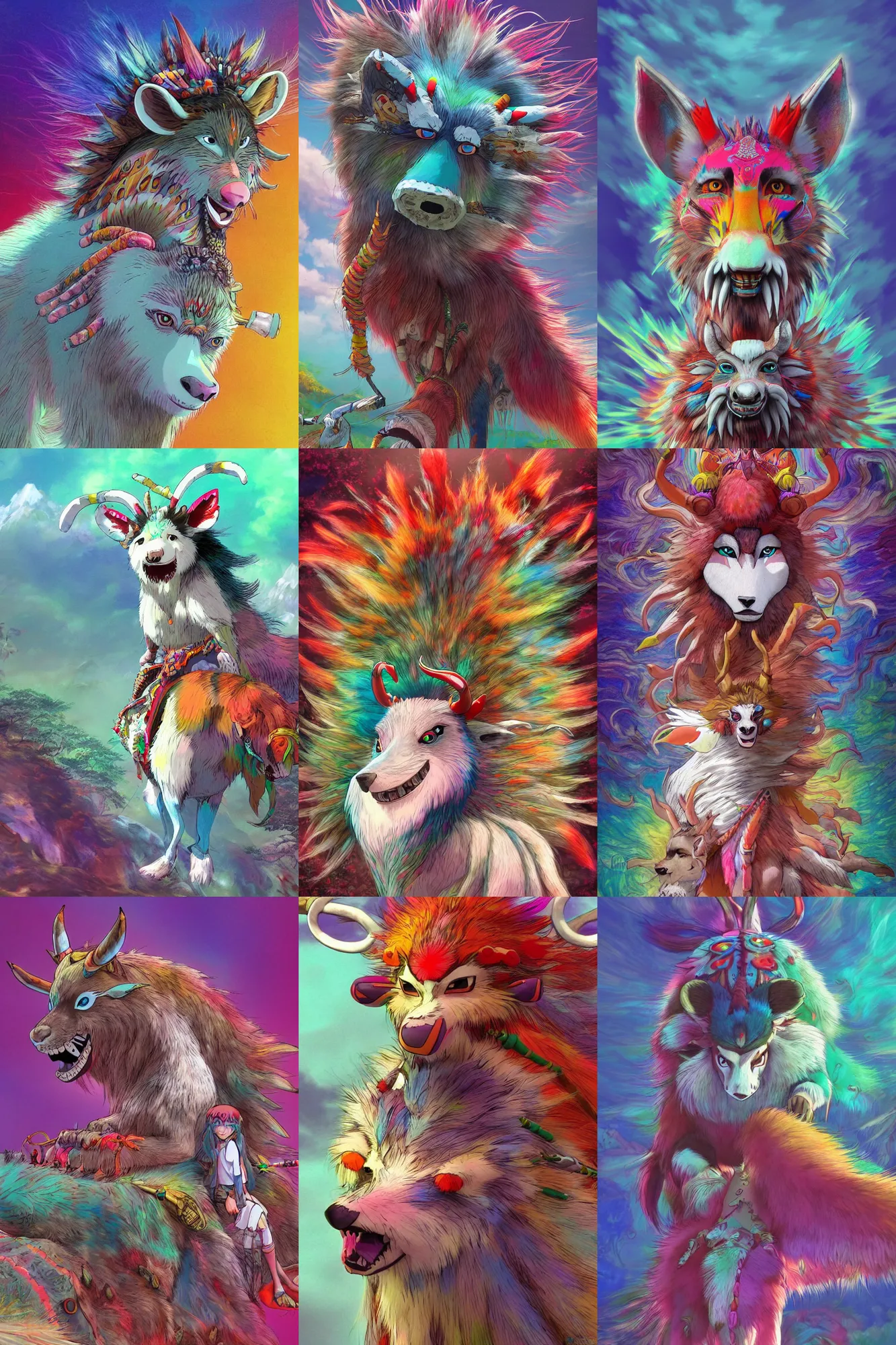 Prompt: a colorful vibrant 3 d render of princess mononoke riding moro from studio ghibli, intricately detailed, detailed fur, tribal psychedelic, colorful flat surreal design, hd, 8 k, artstation