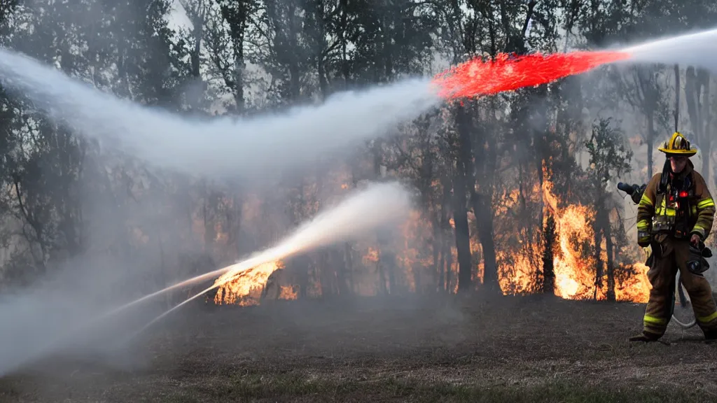 Image similar to photo of a firefighter using a flamethrower projecting a long flame